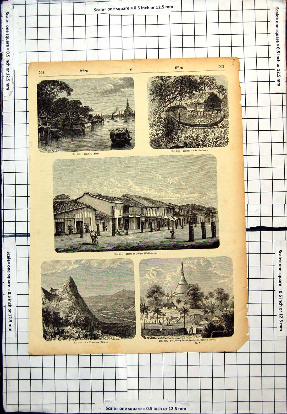 Antique Old Print Bangkok Siam Stilted Houses Boats Cambodia Street Saigon