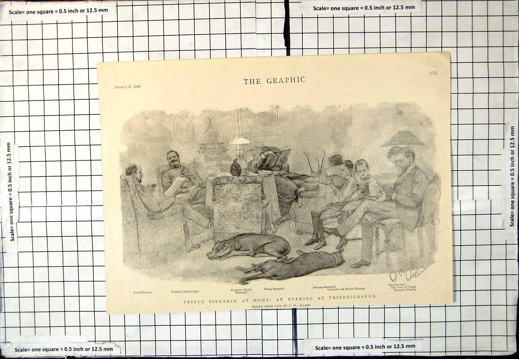 Antique Old Print Prince Bismarck Home Evening Friedrichsruh Dogs Family 1898