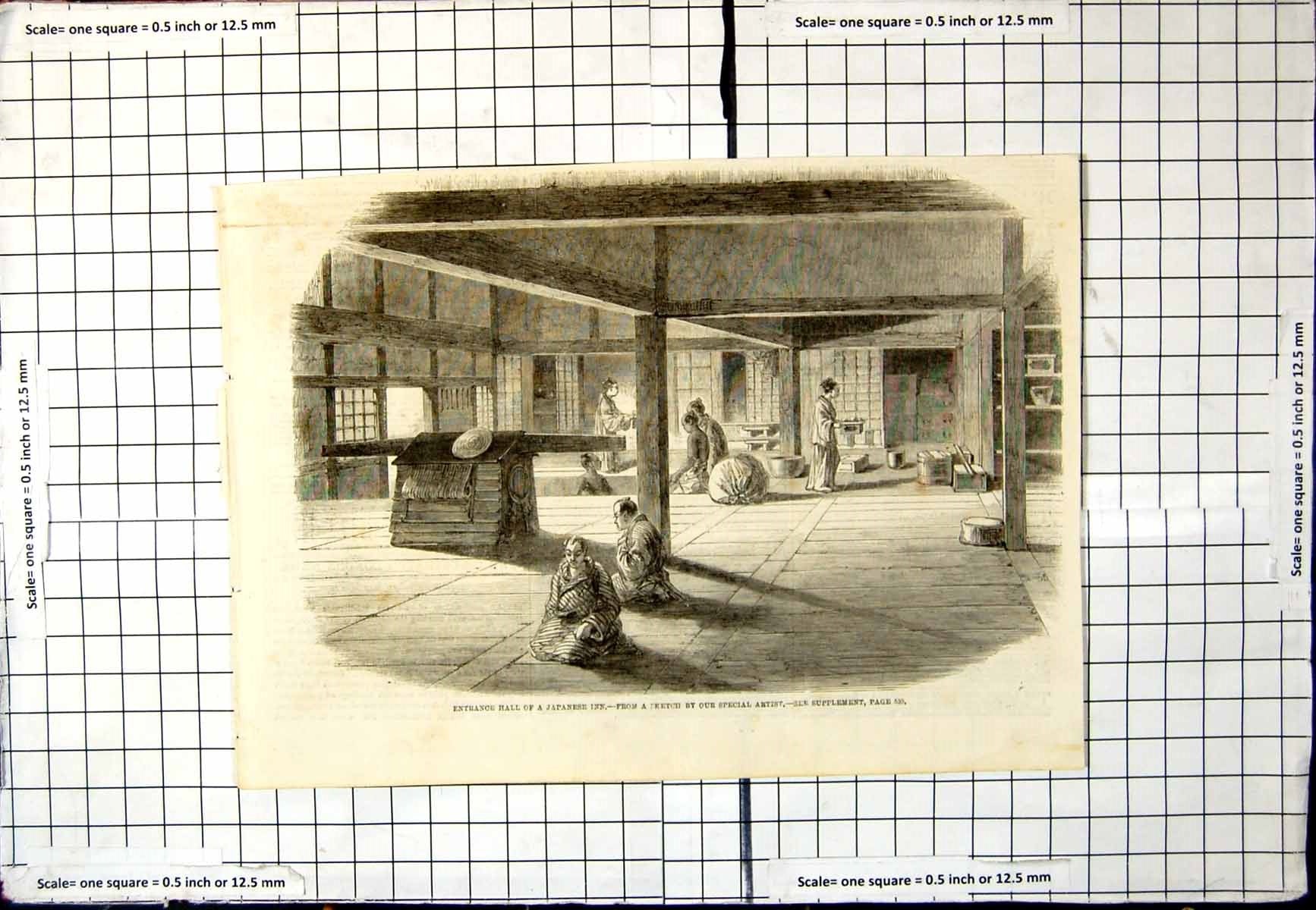 Antique Old Print Entrance Hall Japanese Inn Gentlemen Kneeling Floor Woman
