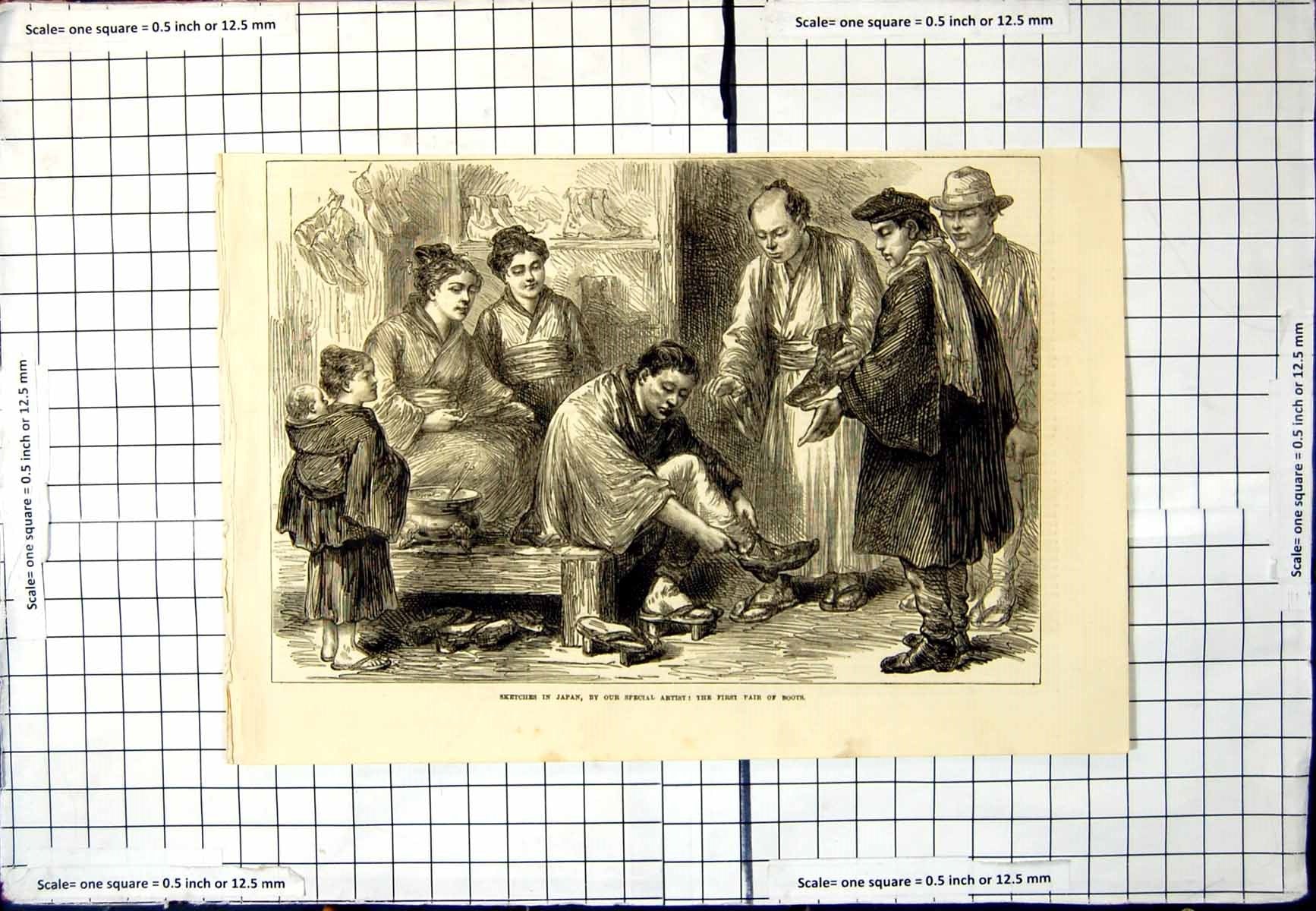 Antique Print Sketches Japan Special Artist First Pair Boots Sandals Family