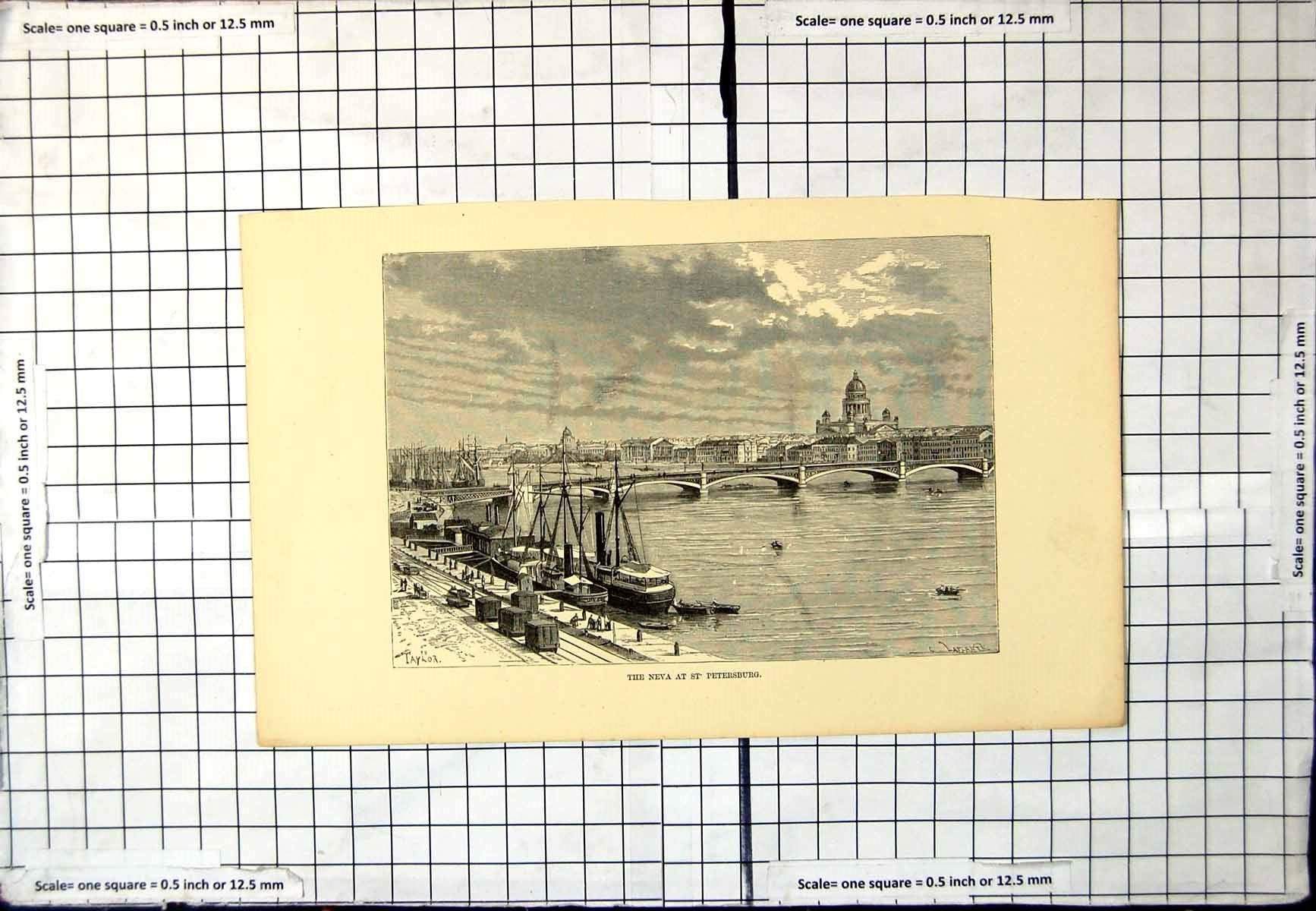 Antique Print Neva At St. Petersburg Wide River Ships Bridge Buildings City