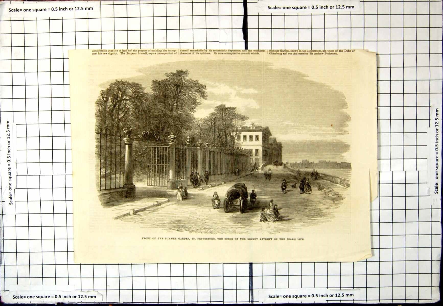 Antique Print Front Summer Garden St. Petersburg Scene Attempt Czar'S Life