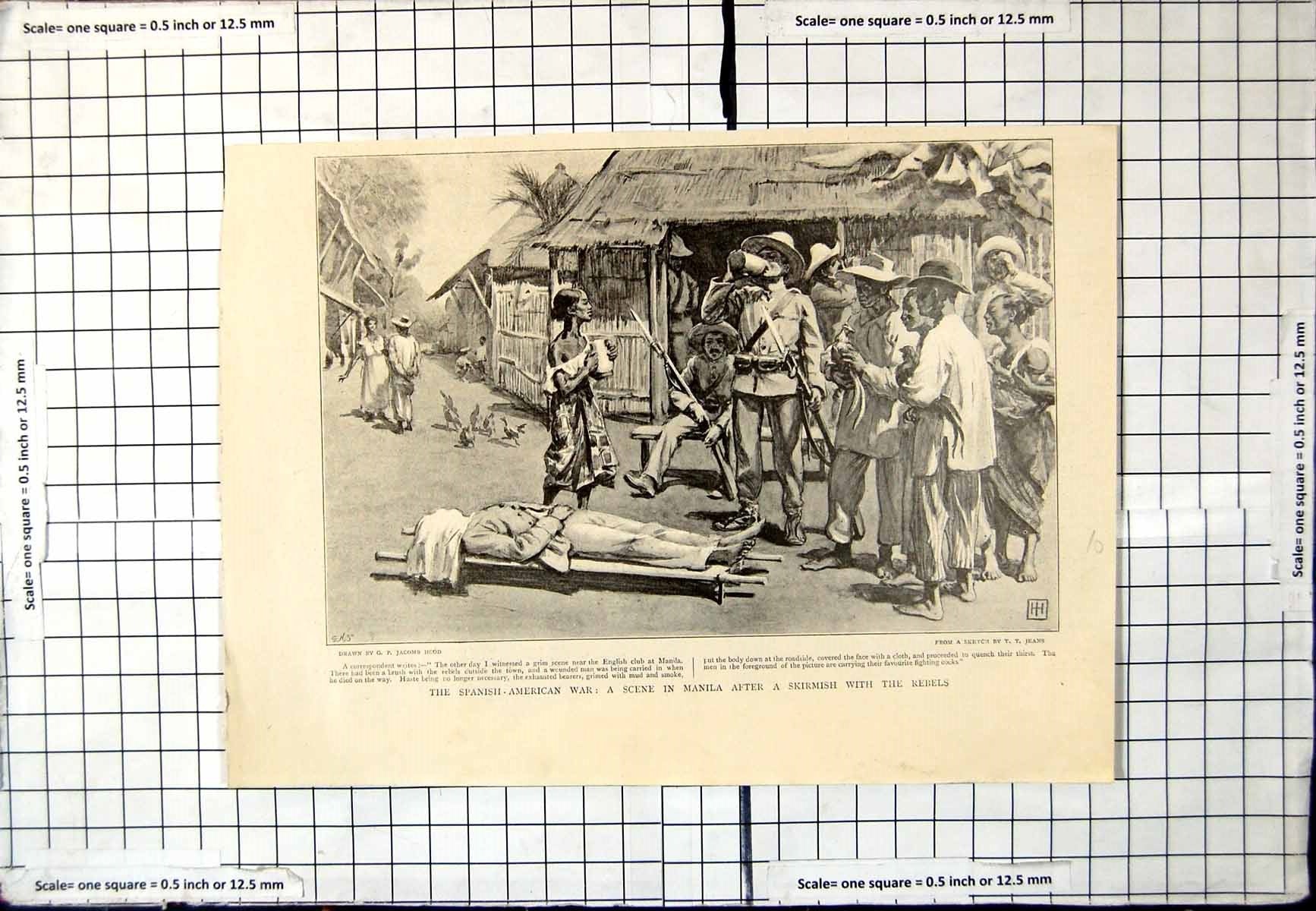 Antique Print Spanish-American War Scene Manila After Skirmish With Rebels
