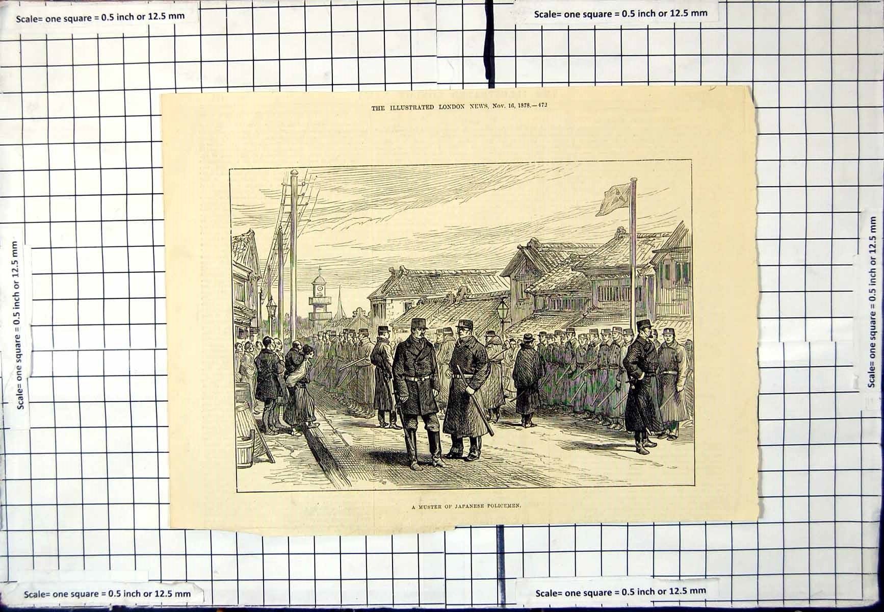 Antique Old Print Muster Japanese Policemen Armed Ranks People Onlooking 1878