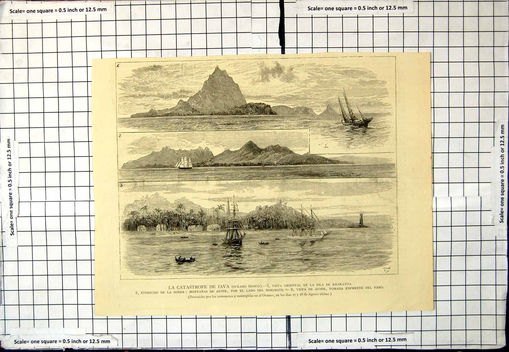 Antique Old Print Javan Catastrophe Explosion Krakatoa Sketches Before After