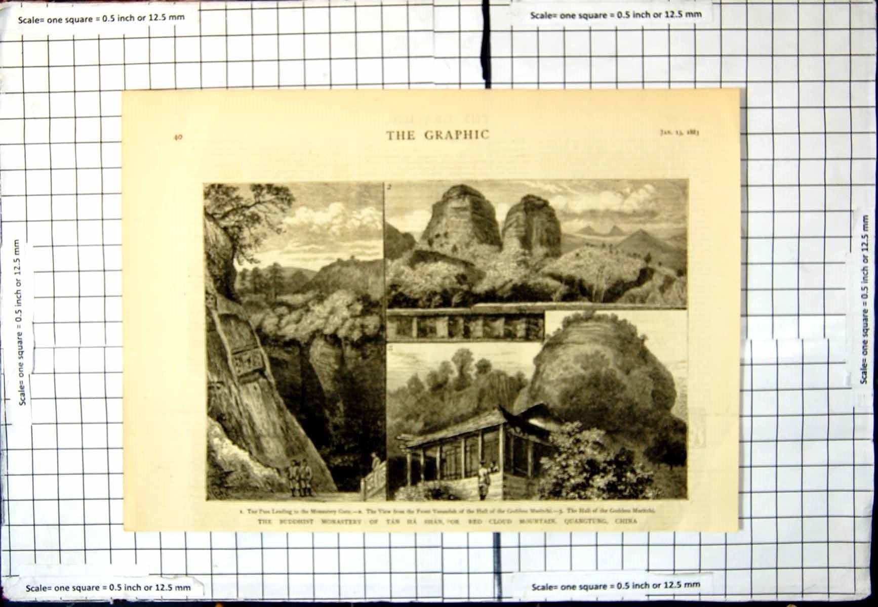 Antique Old Print Buddhist Monastry Tan Ha Shan Red Cloud Mountain China 1883
