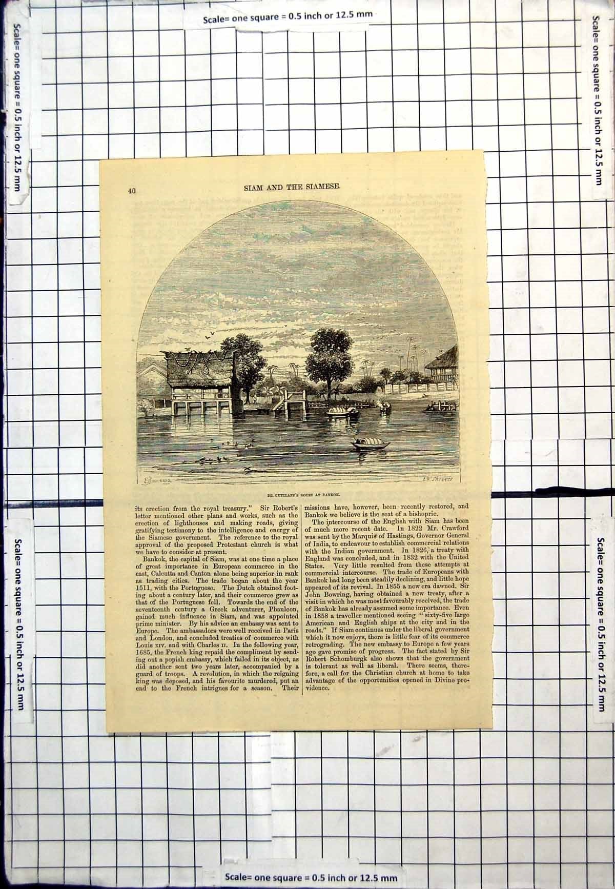 Original Old Antique Print Dr Gutzlaff'S House Bangkok Stilted Riverside Boats