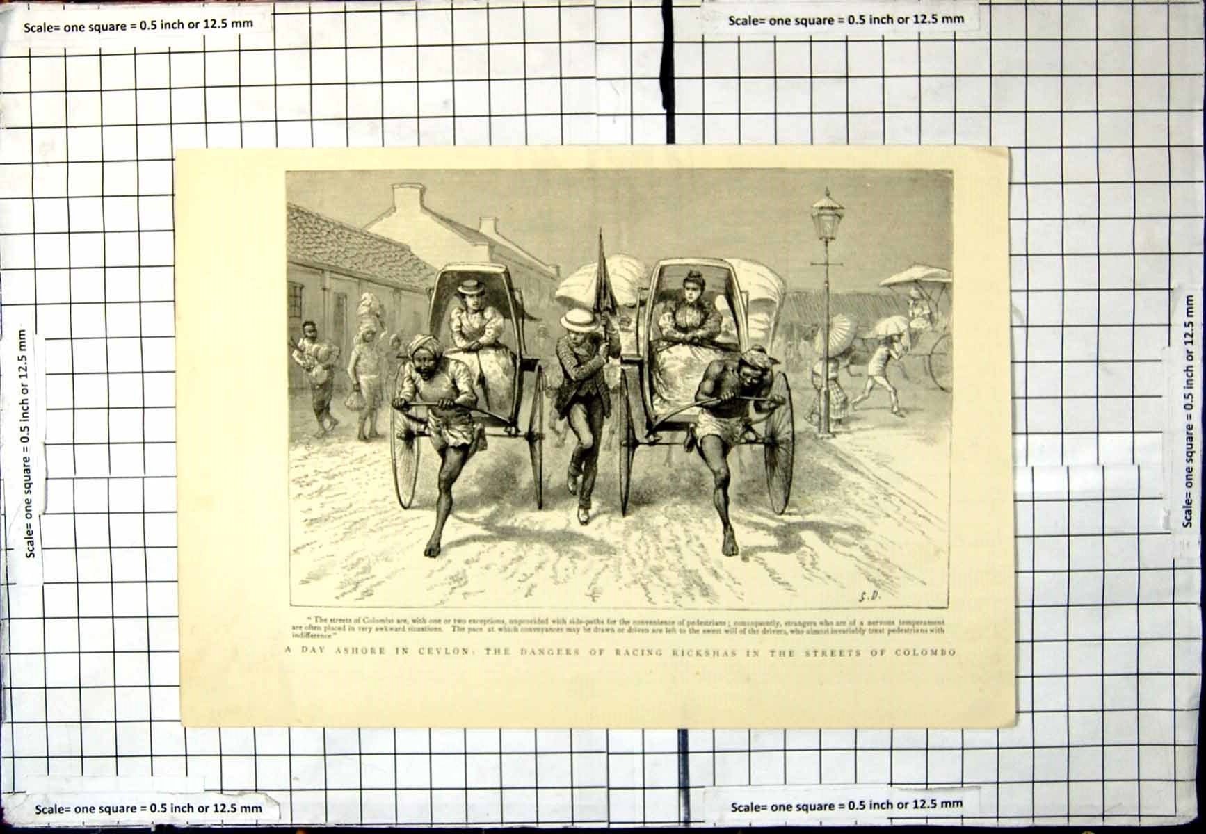 Antique Old Print Day Ashore Ceylon Dangers Racing Rickshas Colombo Streets