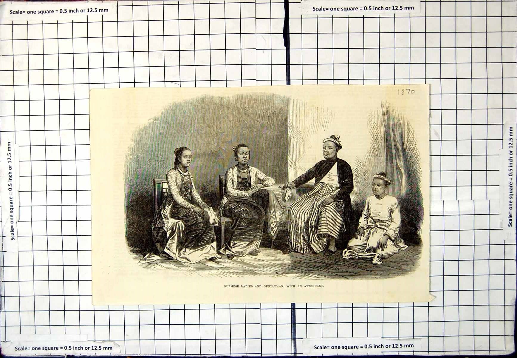 Antique Old Print Burmese Ladies Gentleman With An Attendant Fashionable 1870