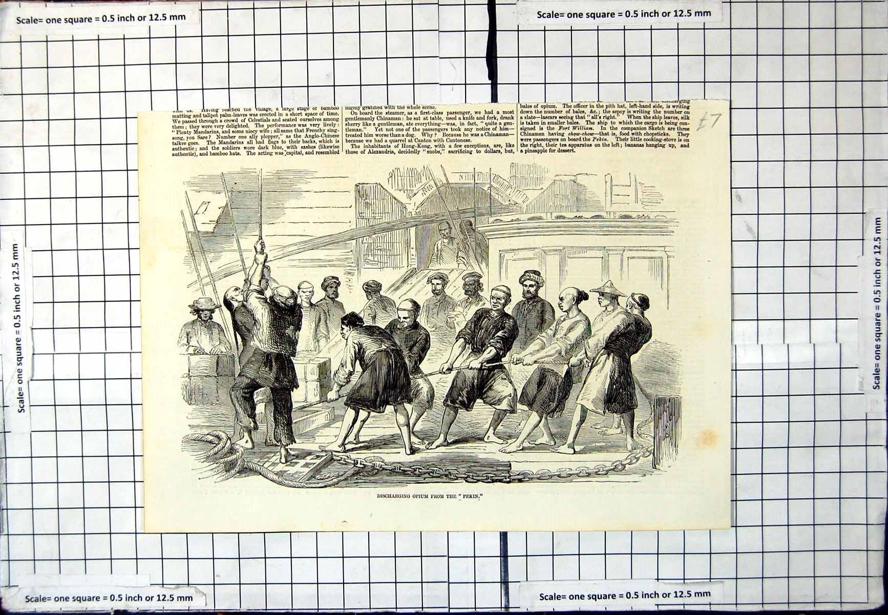 Antique Old Print Discharging Opium From The Pekin Men Hauling Rope Deck Ship