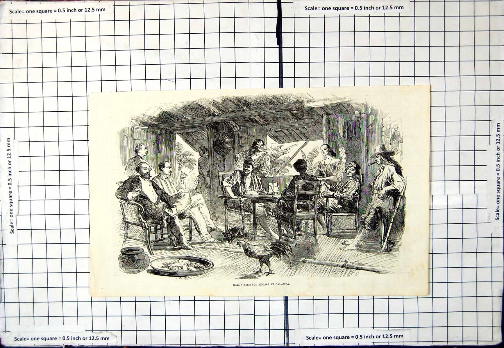 Antique Print Bargaining For Horses Calamba Men Seated Discussions Cockerel