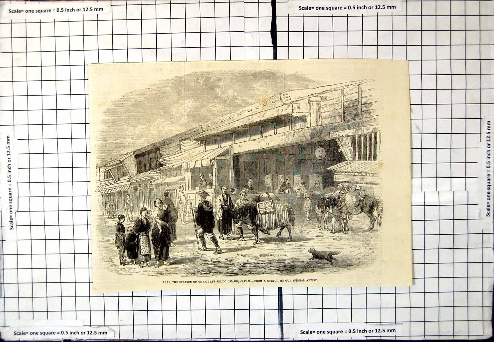 Old Antique Print Arai Station Great Jeddo Guard Japan Horses Dog People
