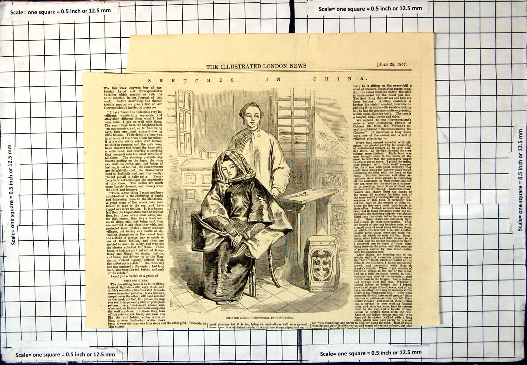 Old Print Chinese Girls Sketched Hong-Kong Head Wear Earrings Chair 1857 19th