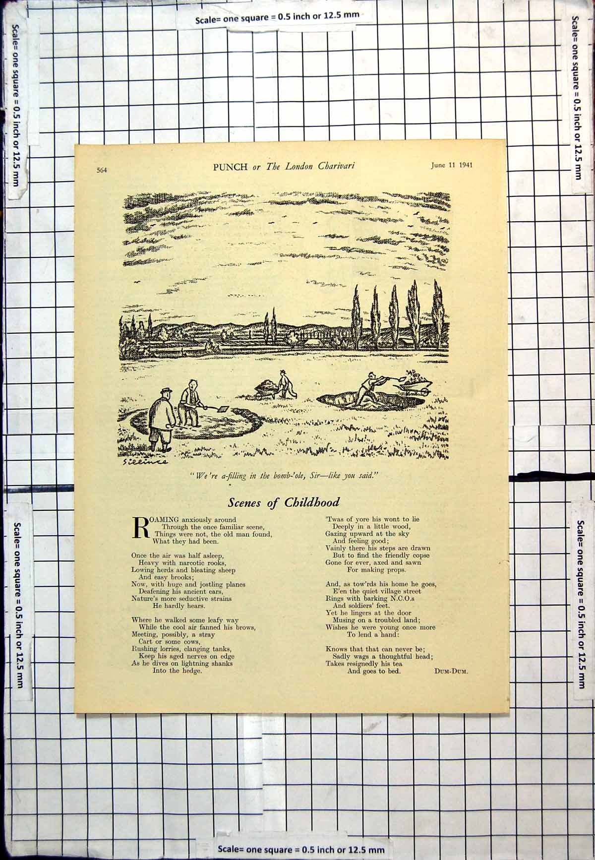 Old Print Punch Cartoon Men Filling Bomb-Hole Creating Another Hole 1941 20th