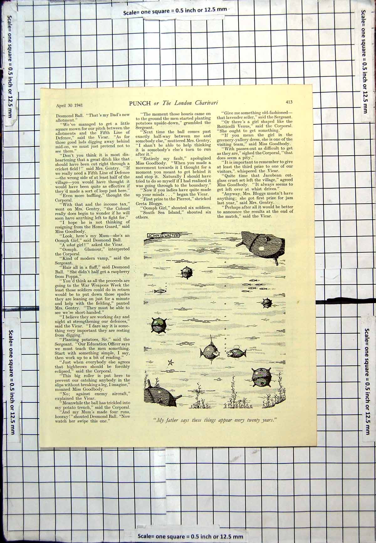 Old Punch Cartoon Mines Faling Through Sea Fish Discussing Timing 1941 20th