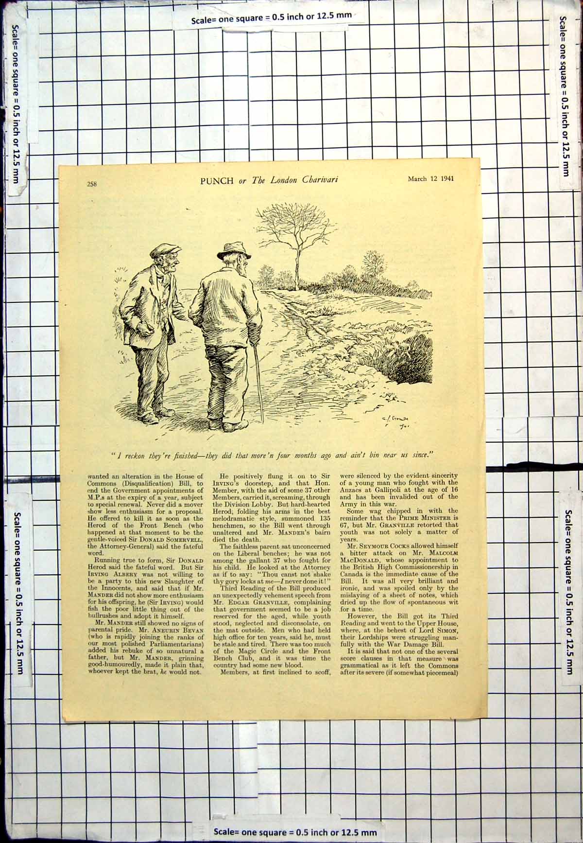 Old Vintage Print Punch Cartoon Ederly Men Discussing Hole Side Road 1941 20th