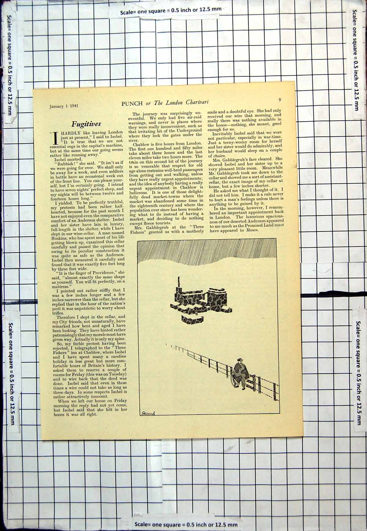 Antique Old Print Punch Cartoon Man Camouflage Heading Buildings In Snow 1941