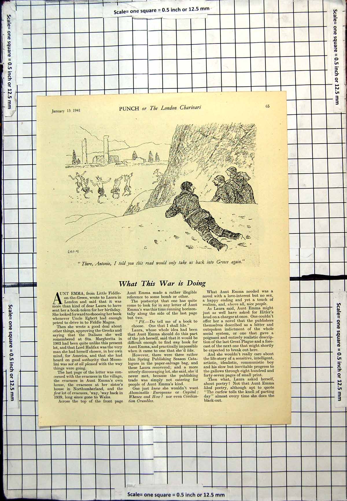 Antique Old Print Punch Cartoon Antonio Led His Troops Back Into Greece 1941