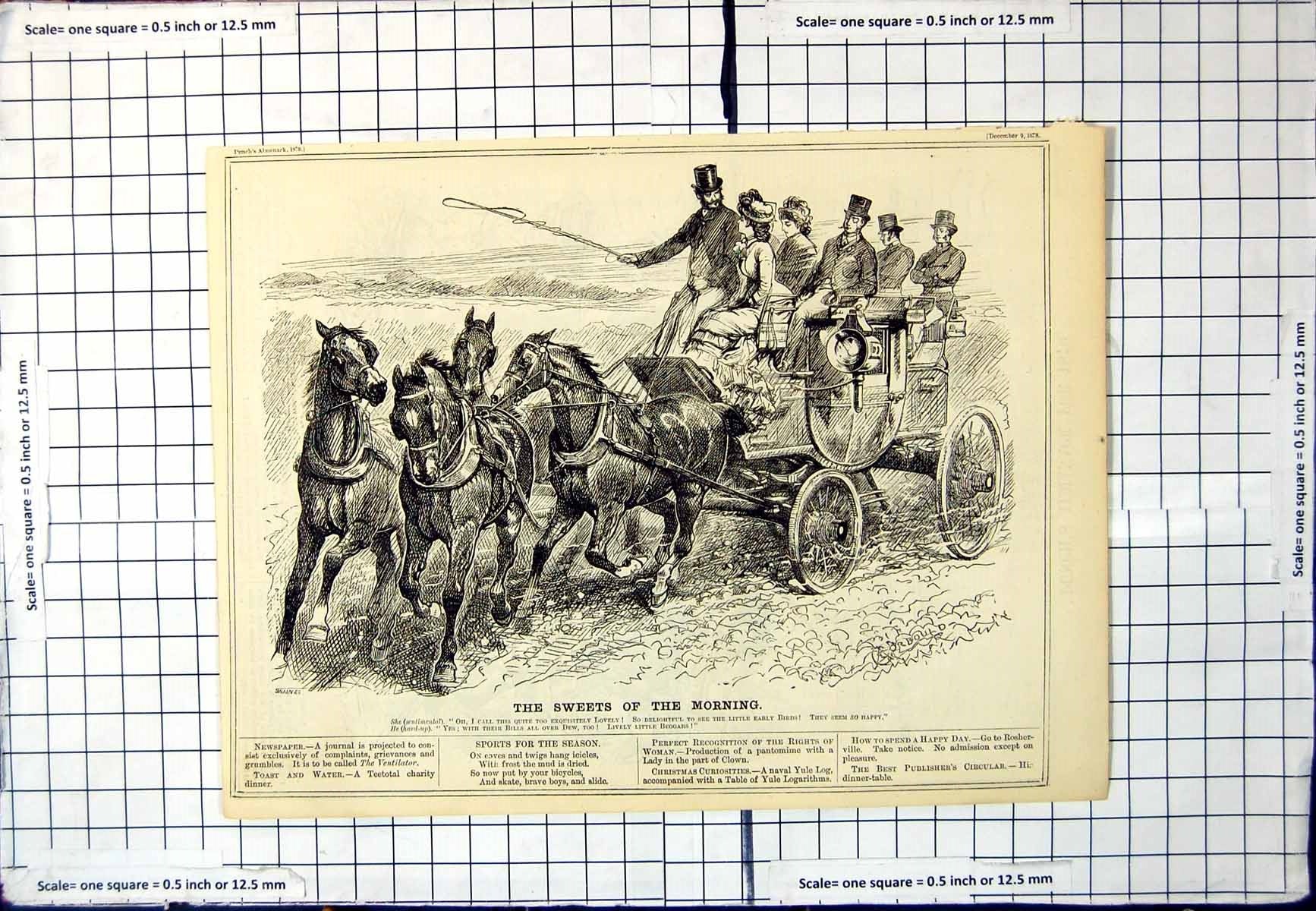 Old Print Sweets Morning Couple Discussing Birds Horses Coach Punch 1879 19th