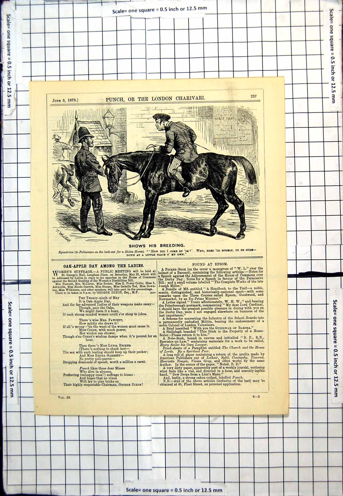 Antique Print Punch Cartoon Equestrian Policeman Looking Stolen Horse 1875 19th