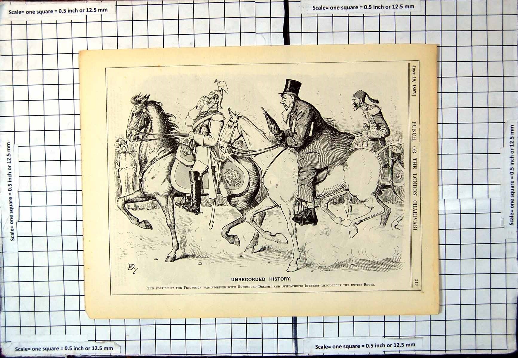 Antique Old Print Punch Cartoon Unrecorded History Procession Horseback 1897