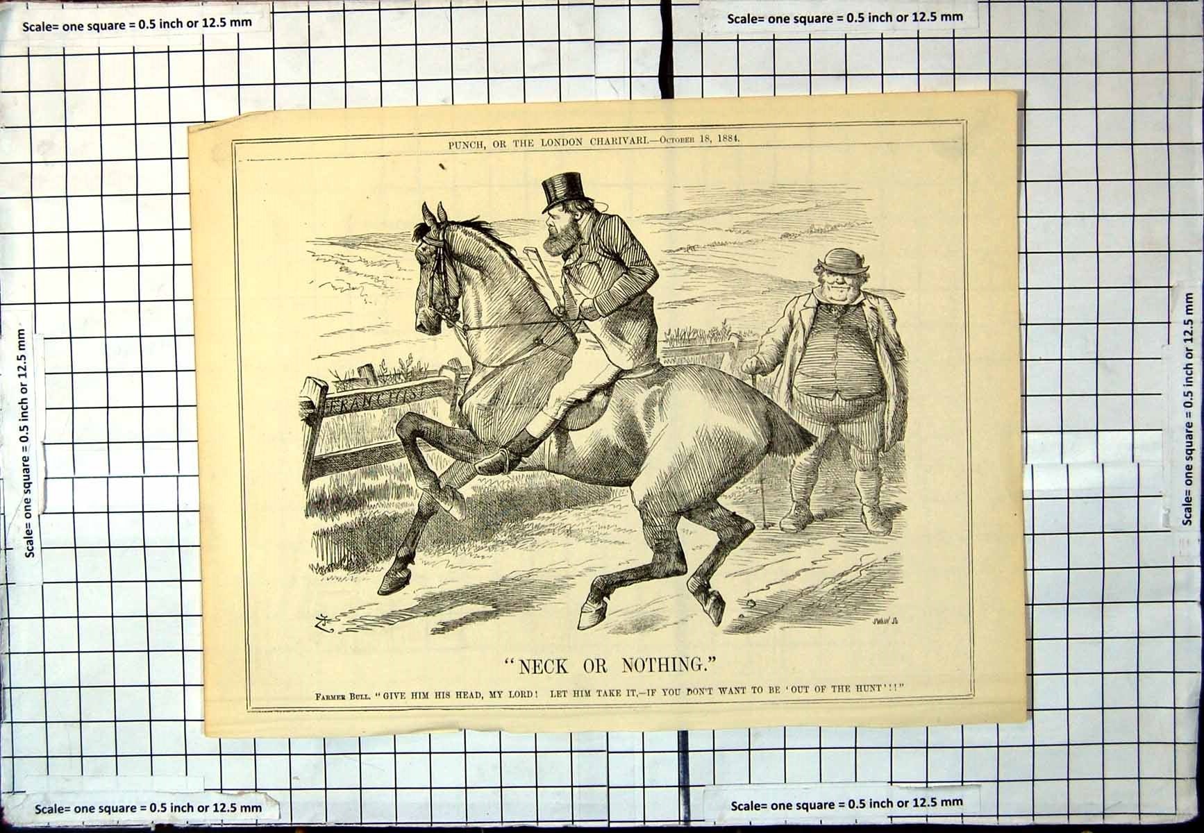 Antique Old Print Punch Cartoon Famer Bull Huntsman Franchise Horse Head 1884