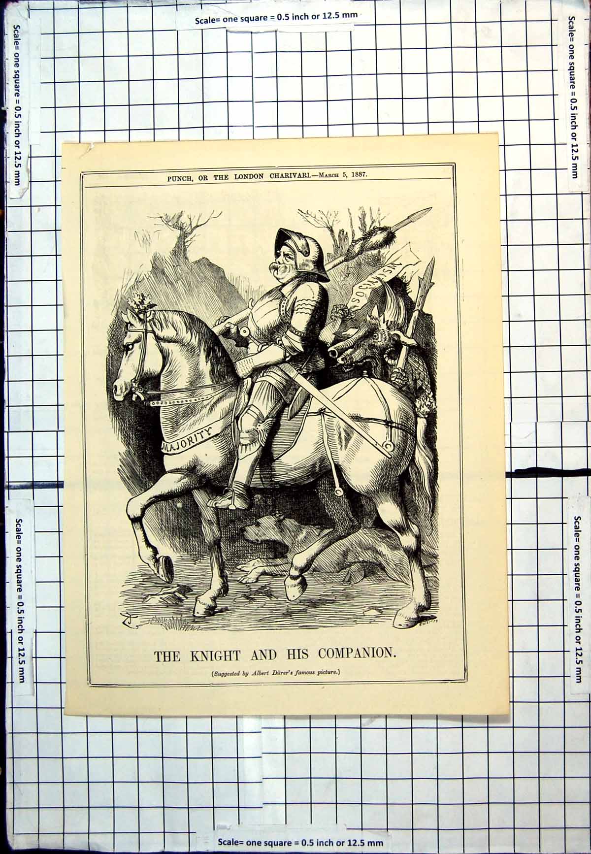 Antique Print Punch Cartoon Knight Companion Majority Suggested Durer 1887 19th