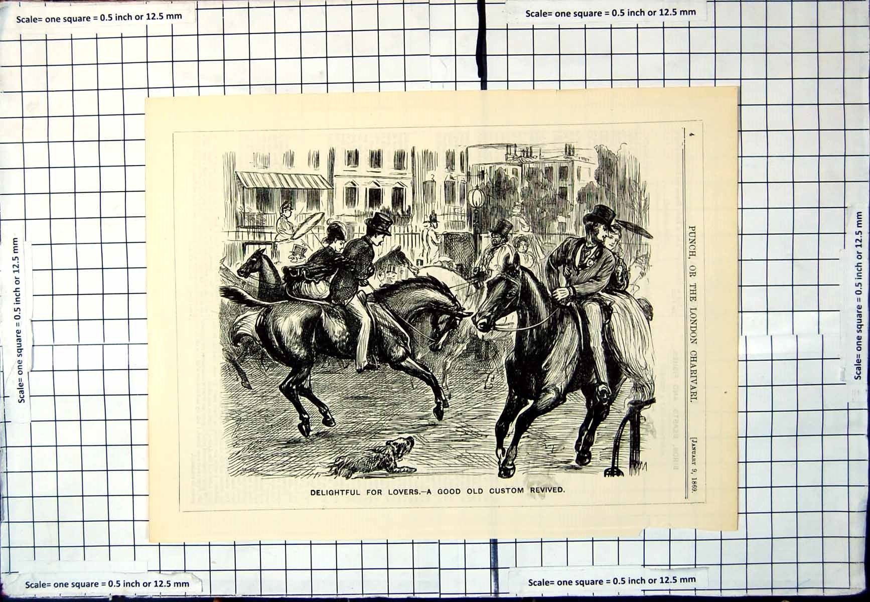 Antique Old Print Punch Cartoon Deligtful For Lovers Horses Meet Street 1869