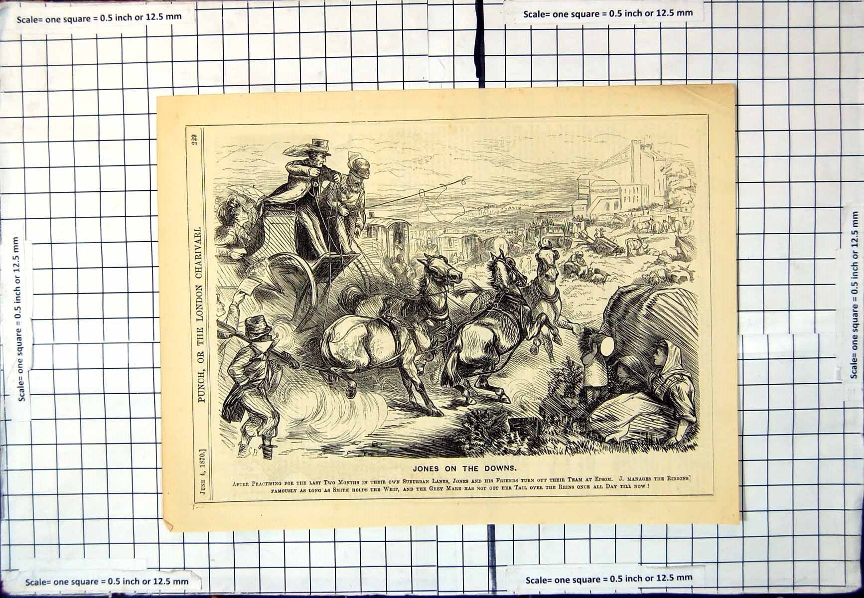 Old Antique Print Punch Cartoon Jones Downs Trying Epsom Team Horses 1870 19th