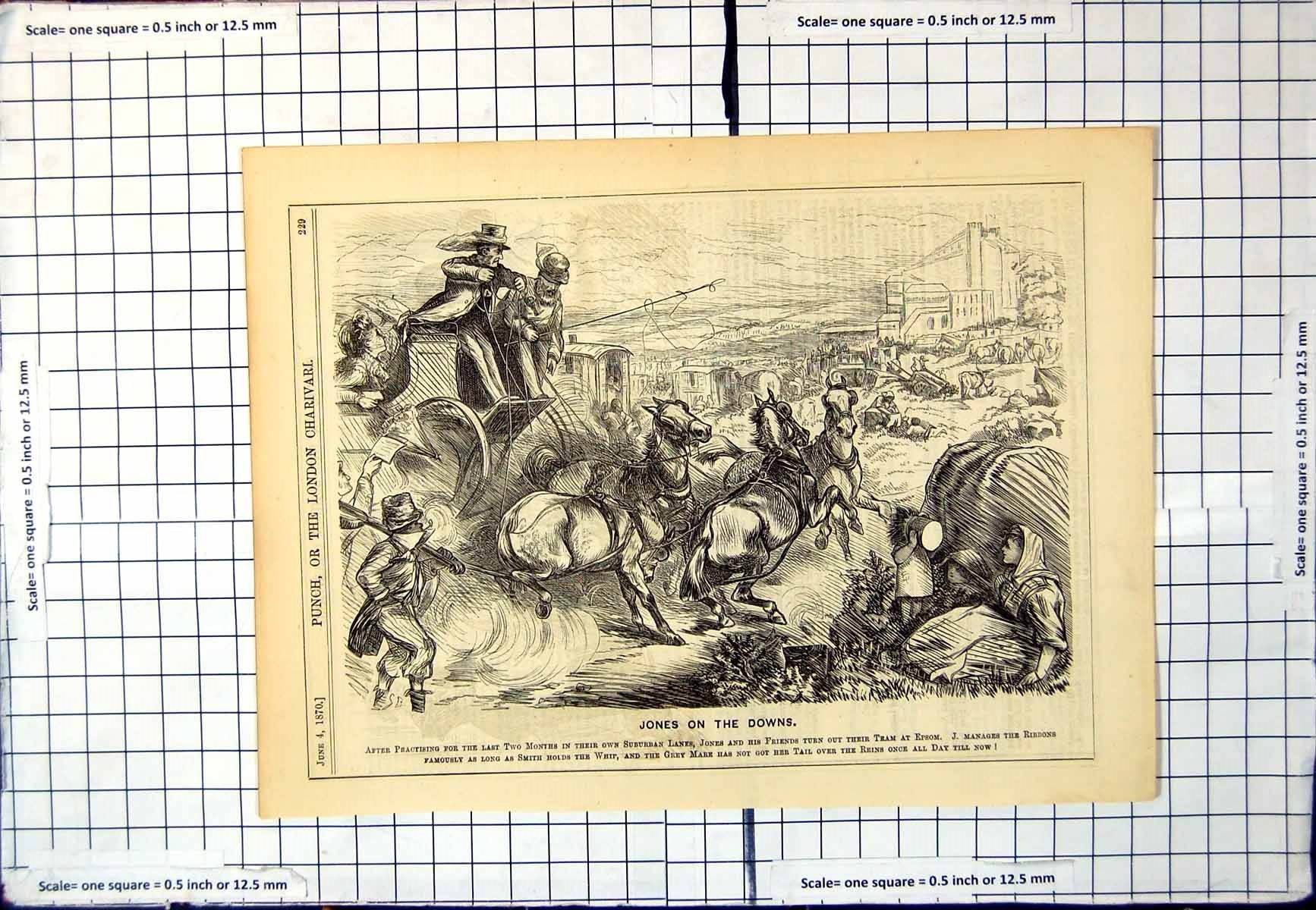 Old Print Punch Cartoon Downs Trying Epsom Team Horses Difficulties 1870 19th