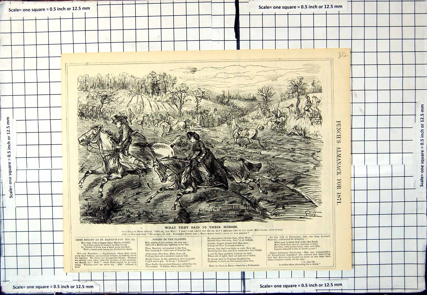 Antique Print Punch Cartoon Comments To Horses By Riders Cross Country 1871
