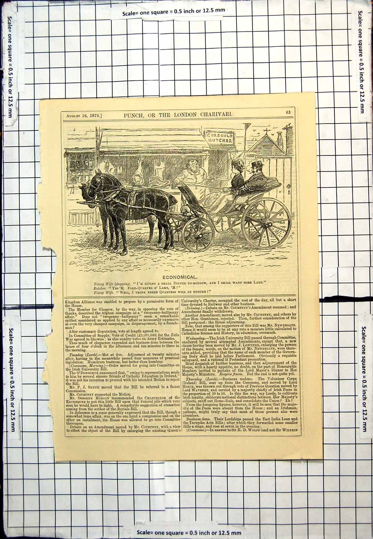 Antique Old Print Punch Cartoon Couple Horse Carriage Outside Butcher 1879 19th