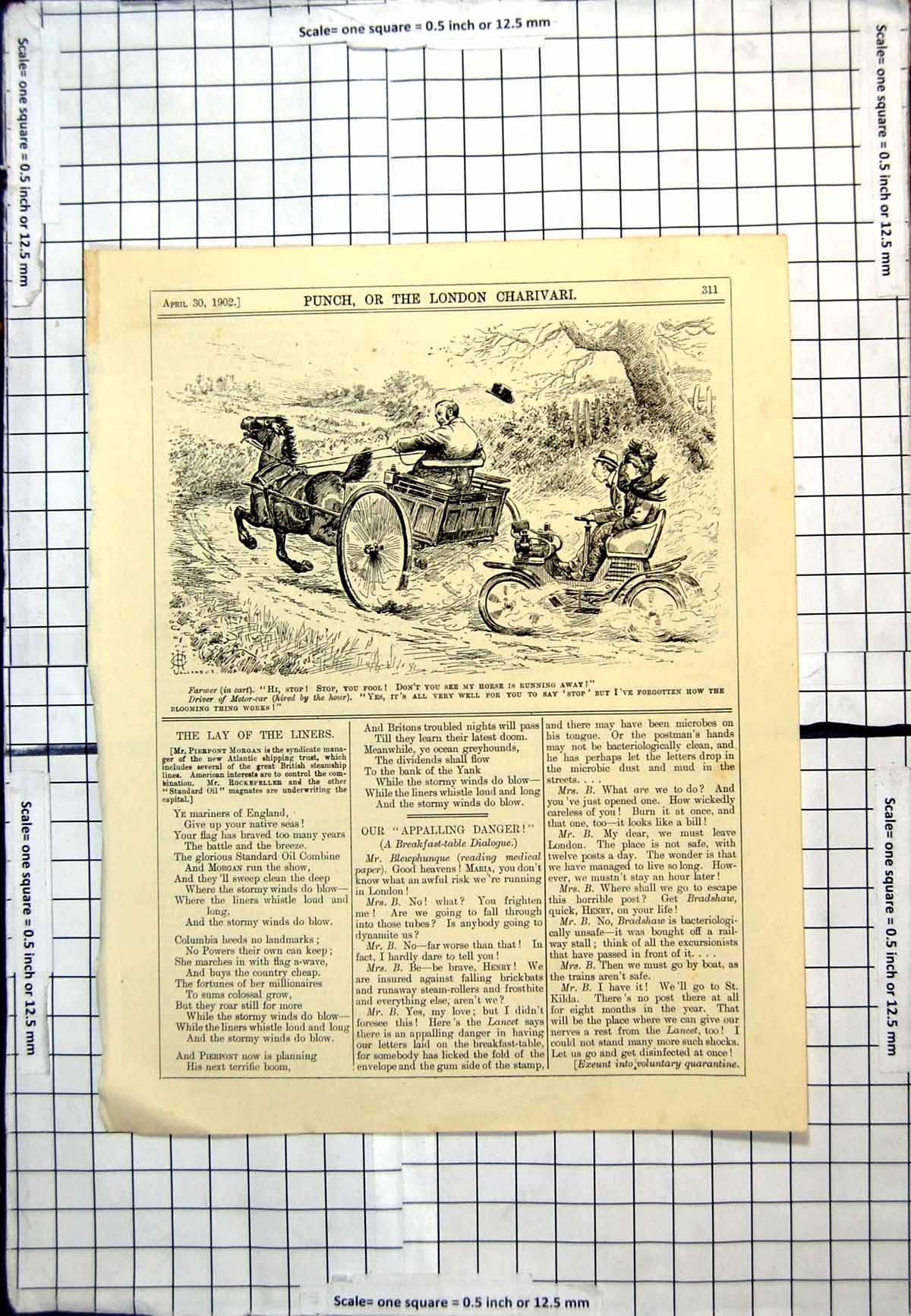 Antique Old Print Punch Cartoon Farmer Cart Runaway Horse Man Car Behind 1902
