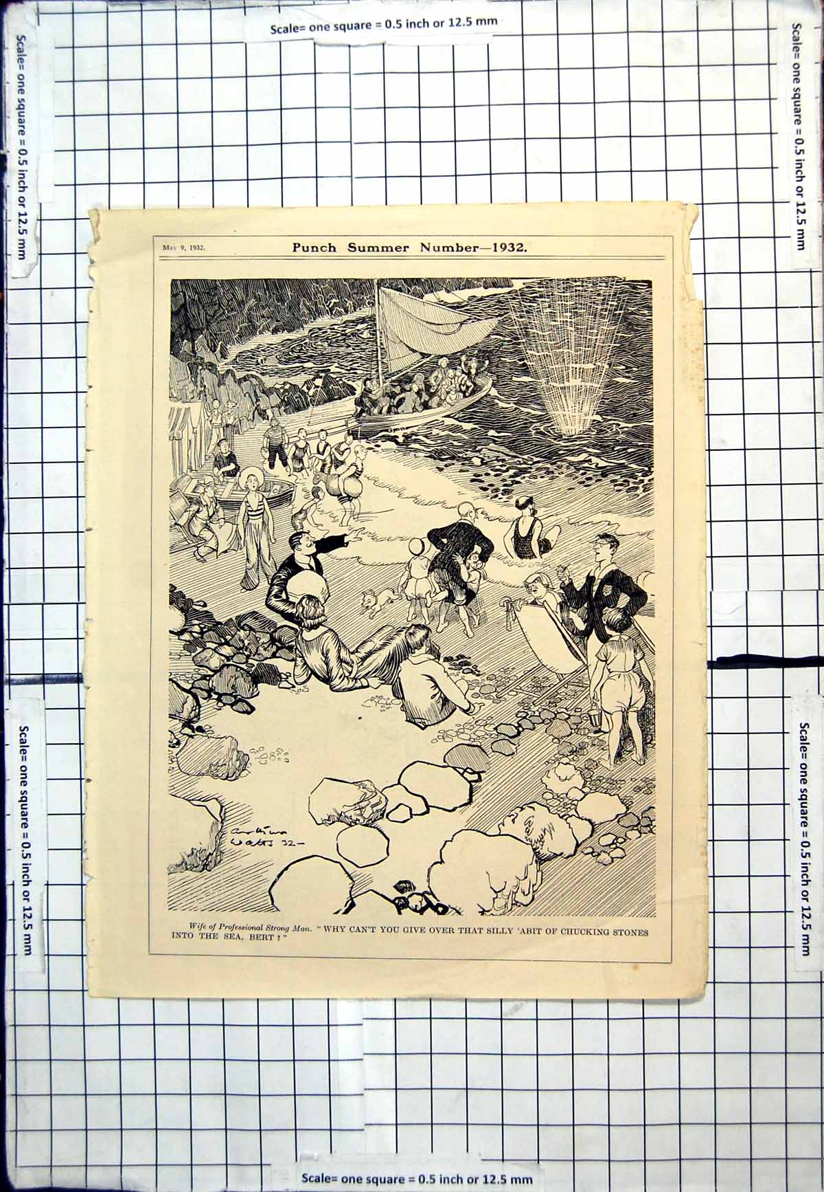 Antique Print Punch Cartoon Professional Strongman Throwing Stones Sea 1932
