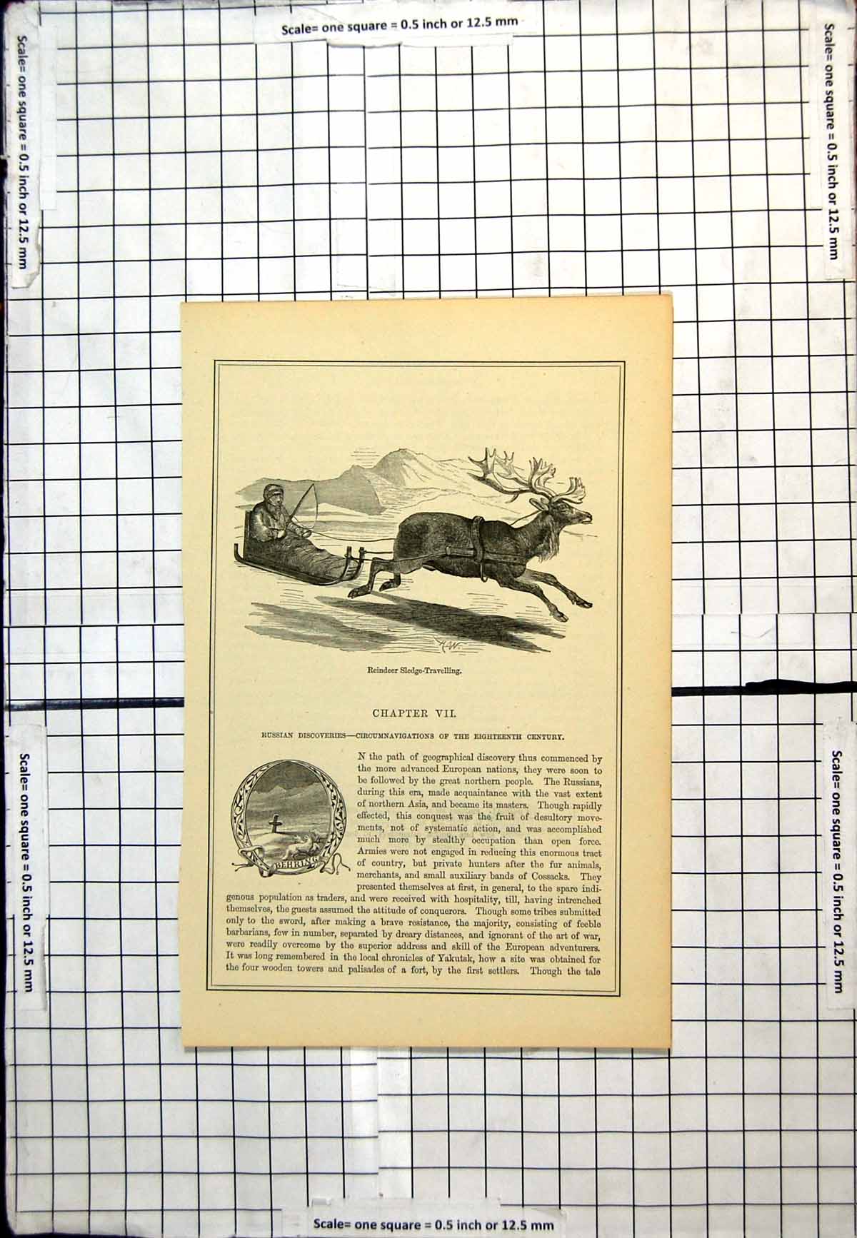 Original Old Antique Print Reindeer Sledge Travelling Man Furs Mountains Russia