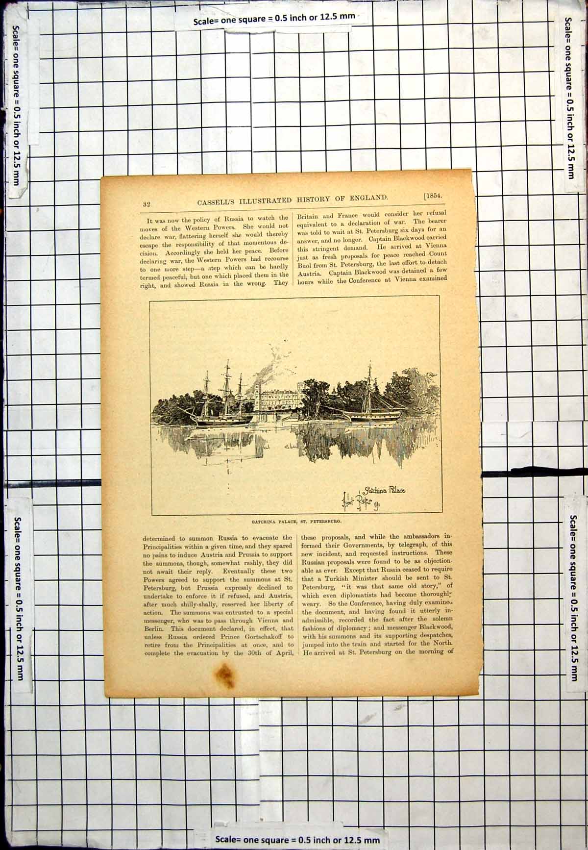Old Print Gatchina Palace St. Petersburg Across Water Masted Boats C1854 19th