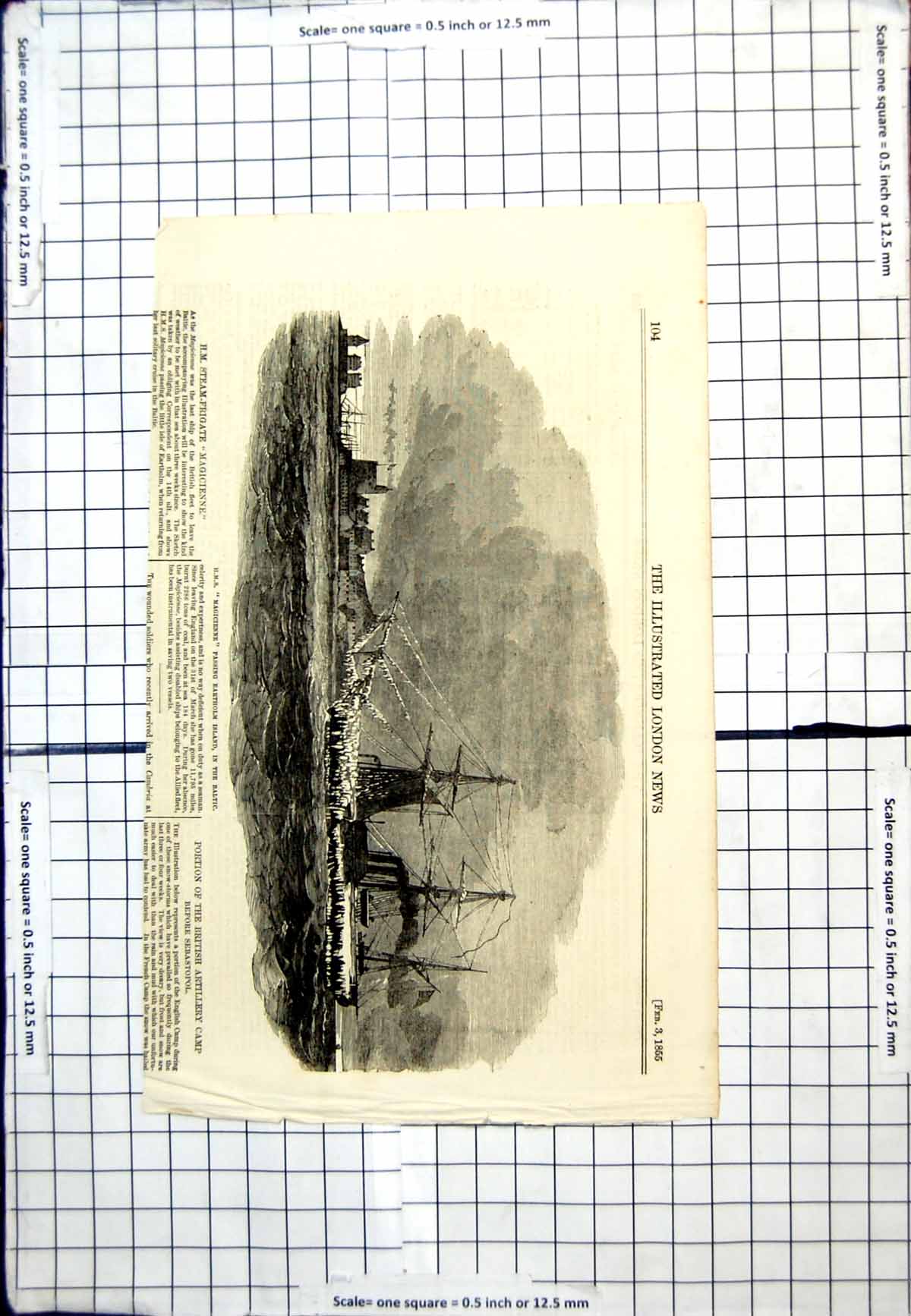 Old Print H.M.S. Magicienne Ship Passing Eartholm Island Baltic Icy 1855 19th