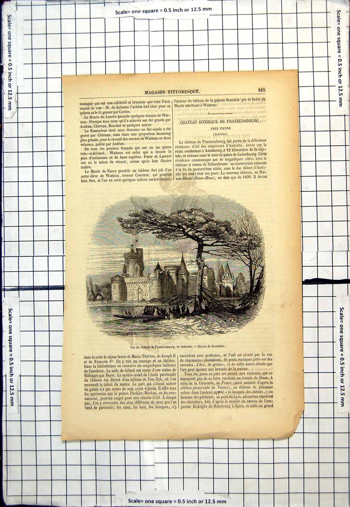 Antique Old Print View Chateau Franzensbourg Austria Drawing Grandsire Trees