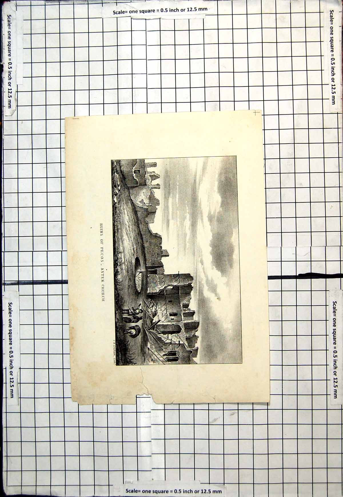 Original Old Antique Print Ruins Pecos Astek Church People Animal