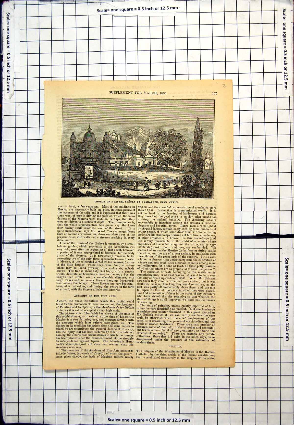 Original Old Antique Print Church Nuestra Senora De Guadelupe Near Mexico Trees