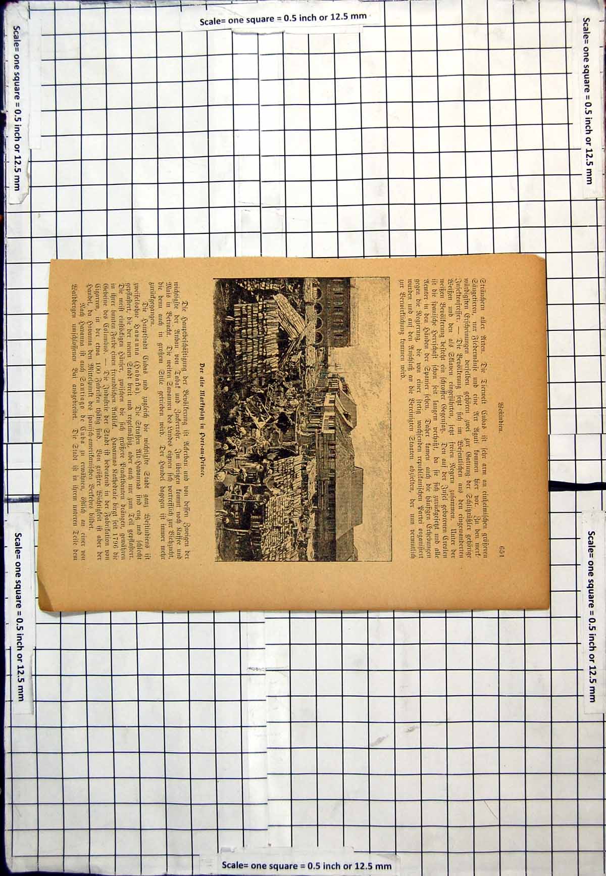 Original Old Antique Print Market Place Port-Au-Prince Haiti Covered Stalls