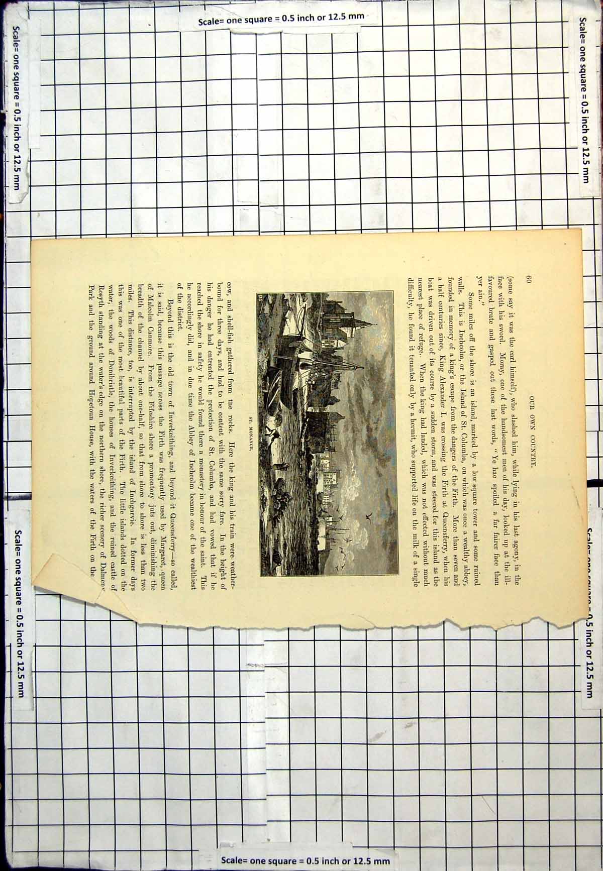 Old Print St. Monance Fishing Boats Fishermen Nets Woman Basket Buildings
