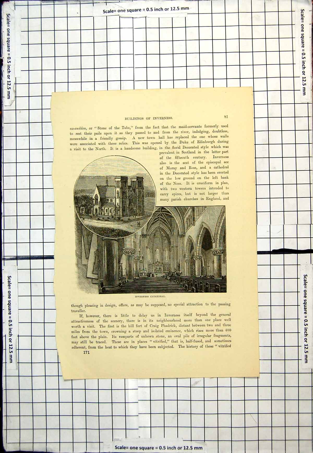 Antique Old Print Inverness Cathedral Exterior And Interior Views Scotland