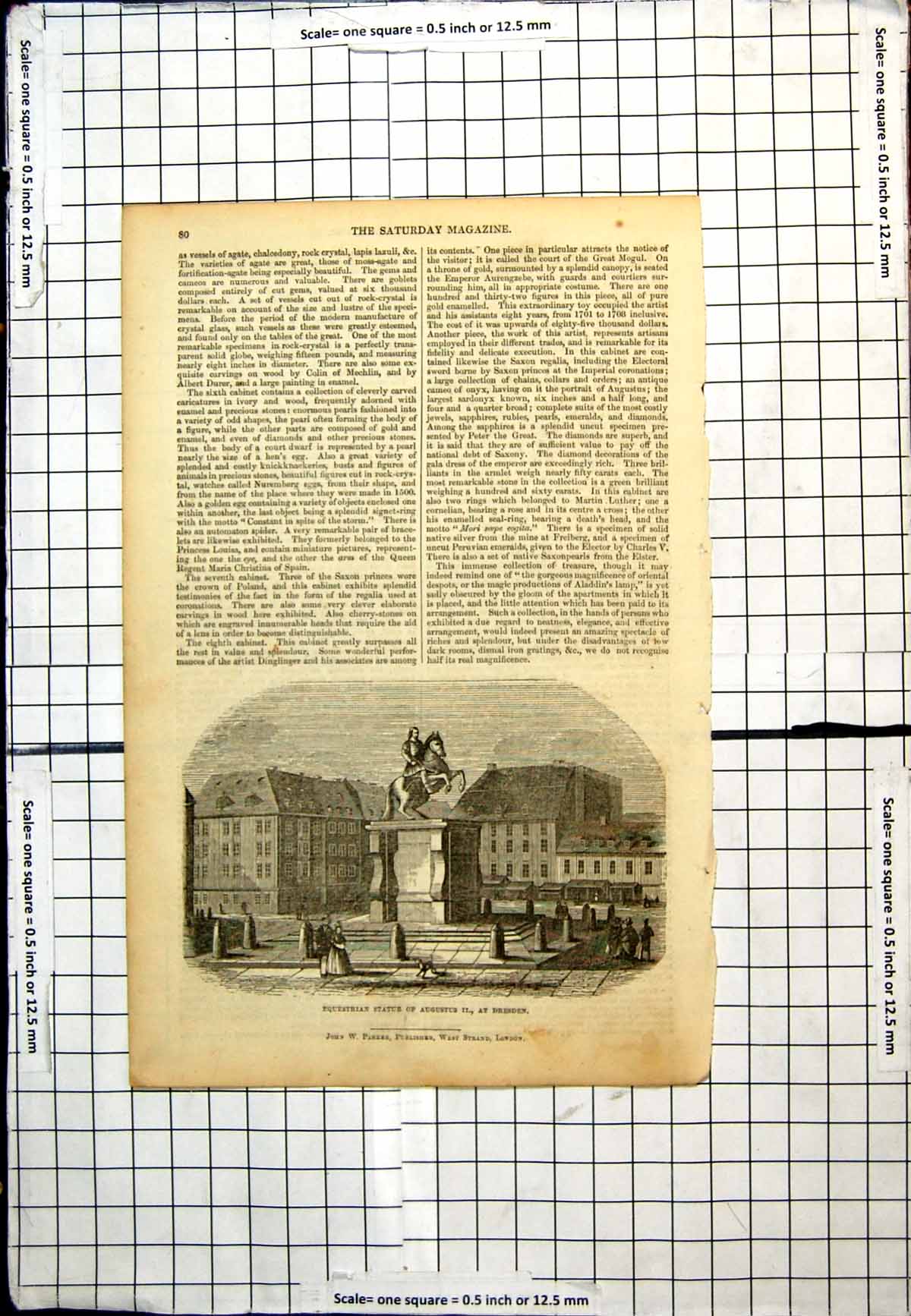 Antique Print Equestrian Statue Augustus Ii Dresden People Top Hats Dresses