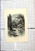 Antique Old Print View Near Serinugur River Boats Roofed Building Shoreline