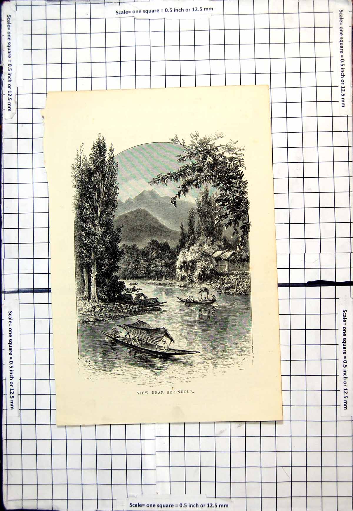 Antique Old Print View Near Serinugur River Boats Roofed Building Shoreline