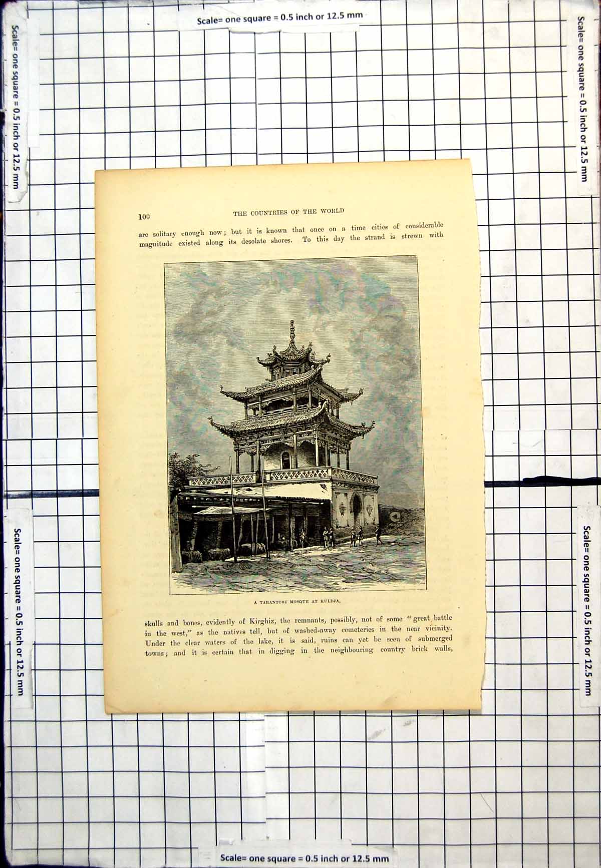 Original Old Antique Print Tarantchi Mosque Kuldja Decorative Building People