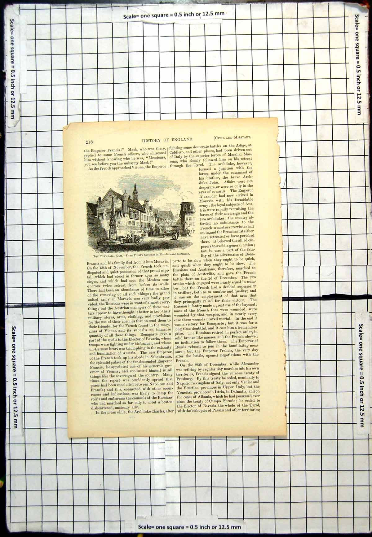 Antique Old Print Townhall Ulm From Prout'S Sketches In Flanders And Germany