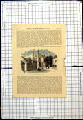 Original Old Antique Print View In The City Worms Buildings People Street Scene