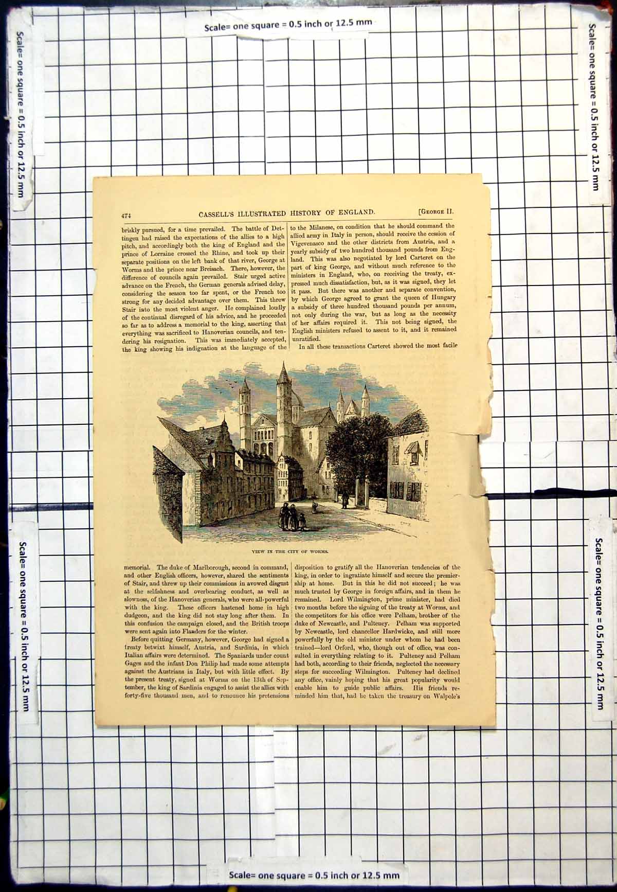Original Old Antique Print View In The City Worms Buildings People Street Scene